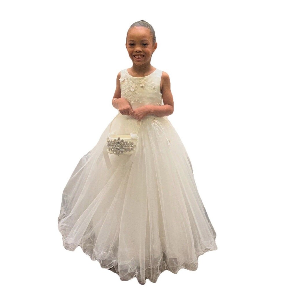 Camille La Vie SATIN FLORAL APPLIQUE FIT FLARE FLOWER GIRL DRESS IVORY ROSE SZ 6
